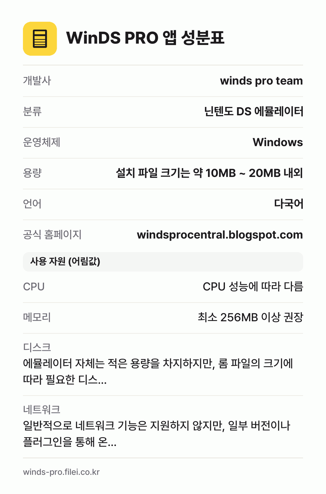 WinDS PRO 앱 성분표: 개발사 winds pro team, 분류 닌텐도 DS 에뮬레이터, 운영체제 Windows, 용량 설치 파일 크기는 약 10MB ~ 20MB 내외, 언어 다국어