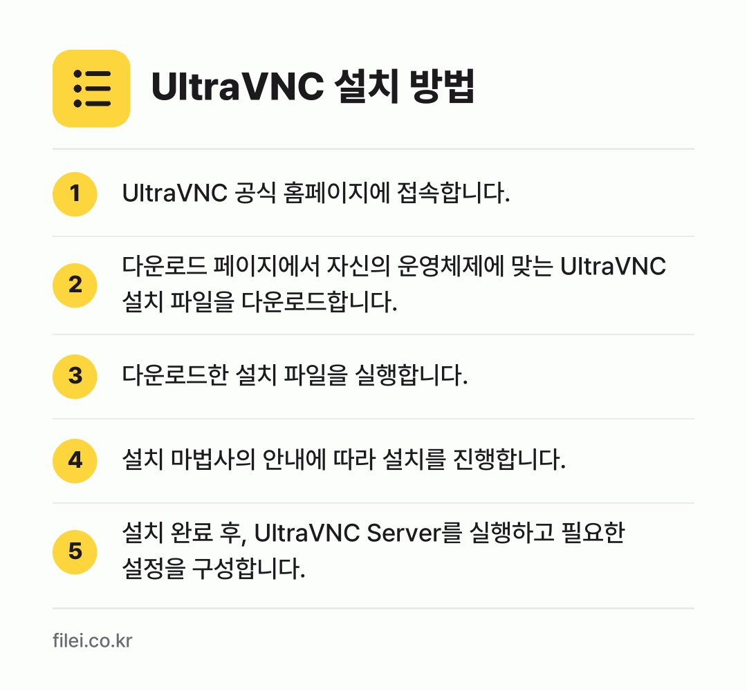 UltraVNC 설치 방법: UltraVNC 공식 홈페이지에 접속합니다. → 다운로드 페이지에서 자신의 운영체제에 맞는… → 다운로드한 설치 파일을 실행합니다. → 설치 마법사의 안내에 따라 설치를 진행합니… → 설치 완료 후, UltraVNC Serve…