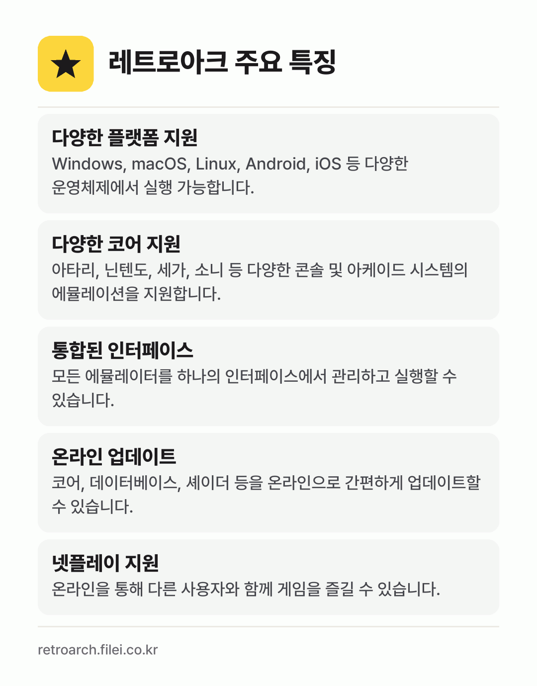 레트로아크 주요 특징: 다양한 플랫폼 지원, 다양한 코어 지원, 통합된 인터페이스, 온라인 업데이트, 넷플레이 지원
