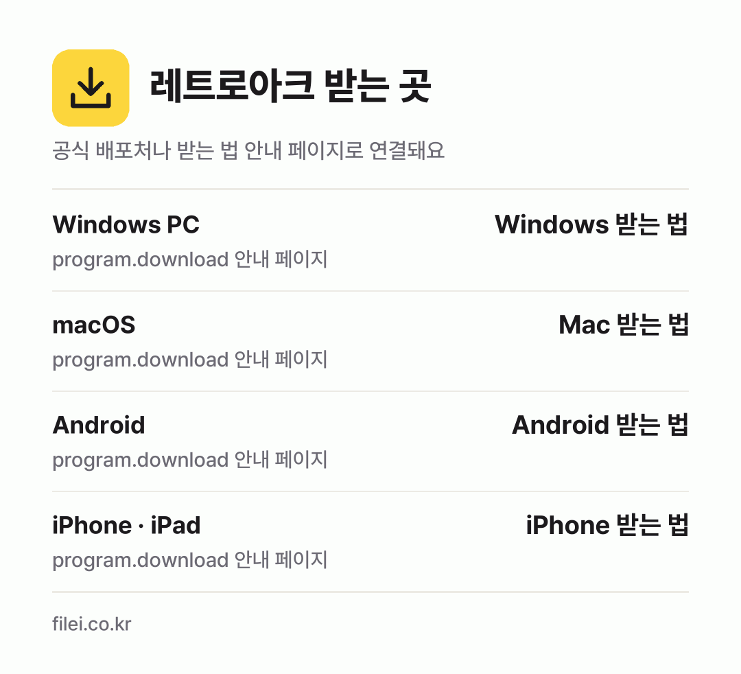 레트로아크 받는 곳: Windows PC, macOS, Android, iPhone · iPad