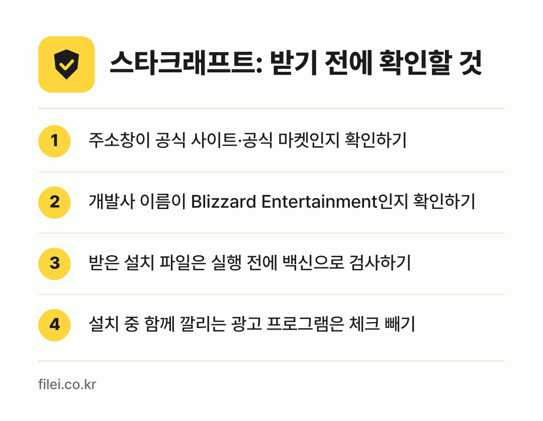 스타크래프트: 받기 전에 확인할 것: 주소창이 공식 사이트·공식 마켓인지 확인하기, 개발사 이름이 Blizzard Entertainment인지 확인하기, 받은 설치 파일은 실행 전에 백신으로 검사하기, 설치 중 함께 깔리는 광고 프로그램은 체크 빼기