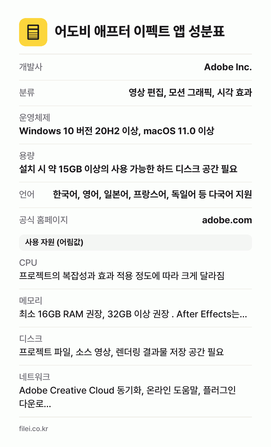 어도비 애프터 이펙트 앱 성분표: 개발사 Adobe Inc., 분류 영상 편집, 모션 그래픽, 시각 효과, 운영체제 Windows 10 버전 20H2 이상, macOS 11.0 이상, 용량 설치 시 약 15GB 이상의 사용 가능한 하드 디스크 공간 필요, 언어 한국어, 영어, 일본어, 프랑스어, 독일어 등 다국어 지원