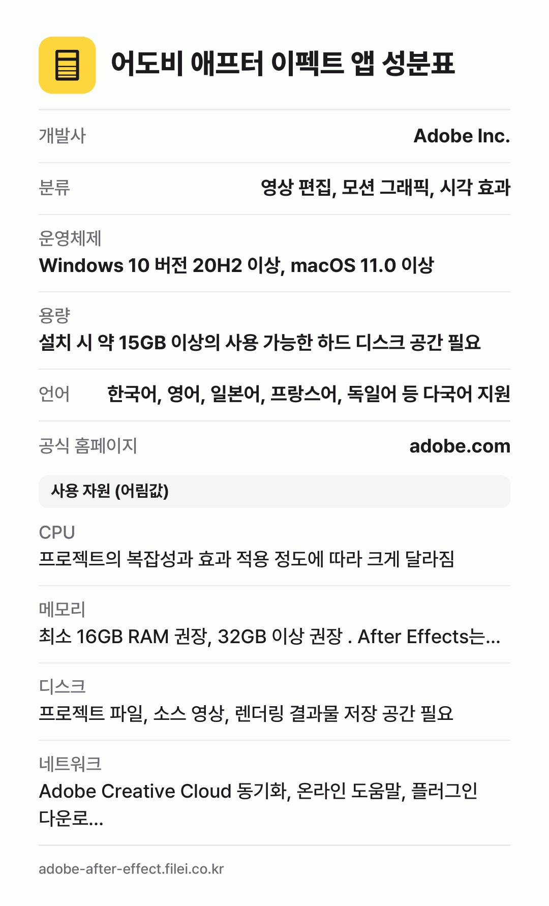 어도비 애프터 이펙트 앱 성분표: 개발사 Adobe Inc., 분류 영상 편집, 모션 그래픽, 시각 효과, 운영체제 Windows 10 버전 20H2 이상, macOS 11.0 이상, 용량 설치 시 약 15GB 이상의 사용 가능한 하드 디스크 공간 필요, 언어 한국어, 영어, 일본어, 프랑스어, 독일어 등 다국어 지원