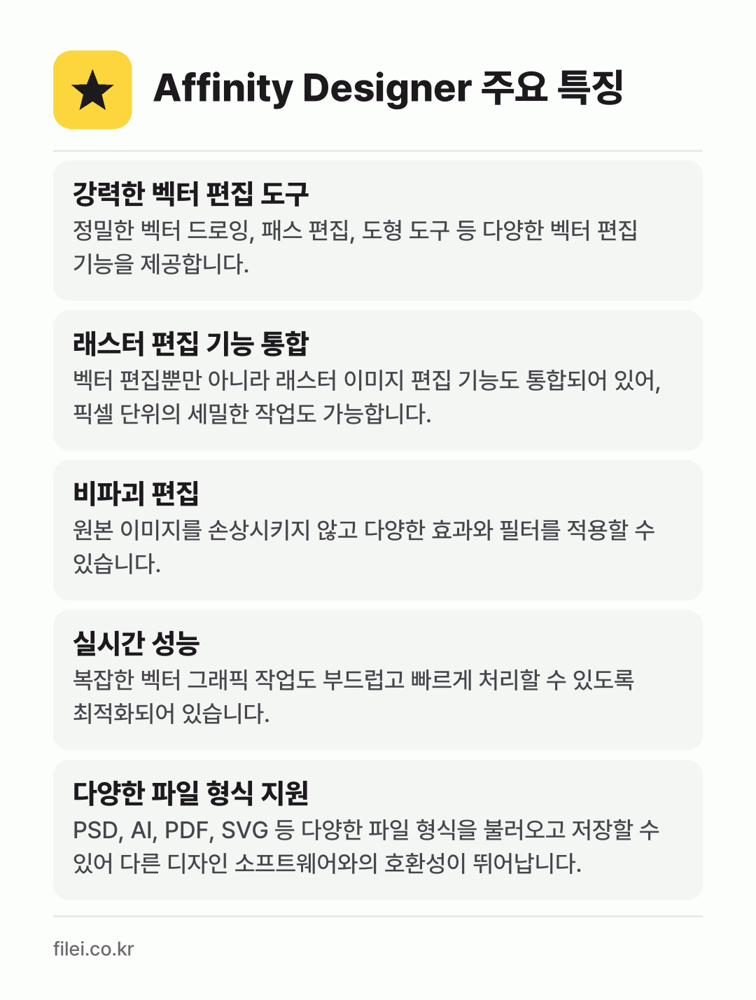 Affinity Designer 주요 특징: 강력한 벡터 편집 도구, 래스터 편집 기능 통합, 비파괴 편집, 실시간 성능, 다양한 파일 형식 지원