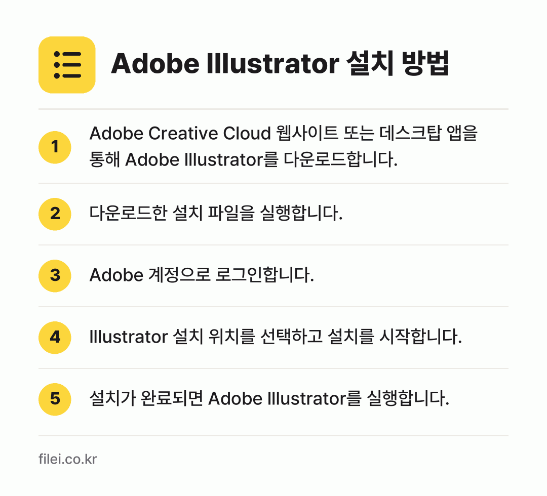 Adobe Illustrator 설치 방법: Adobe Creative Cloud 웹사… → 다운로드한 설치 파일을 실행합니다. → Adobe 계정으로 로그인합니다. → Illustrator 설치 위치를 선택하고… → 설치가 완료되면 Adobe Illustra…