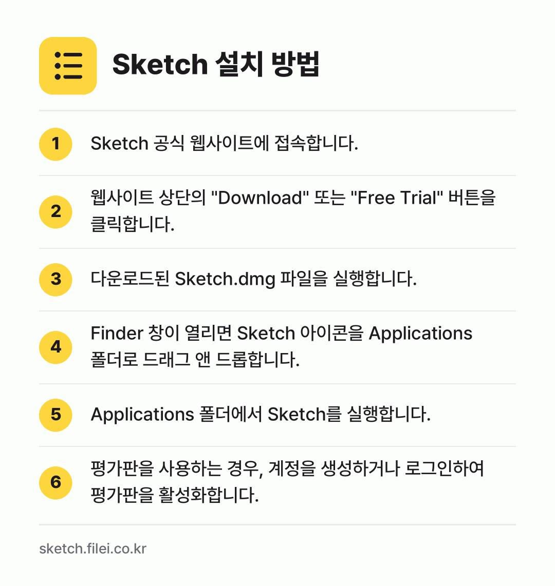 Sketch 설치 방법: Sketch 공식 웹사이트에 접속합니다. → 웹사이트 상단의 "Download" 또는… → 다운로드된 Sketch.dmg 파일을 실행… → Finder 창이 열리면 Sketch 아이… → Applications 폴더에서 Sketc… → 평가판을 사용하는 경우, 계정을 생성하거나…