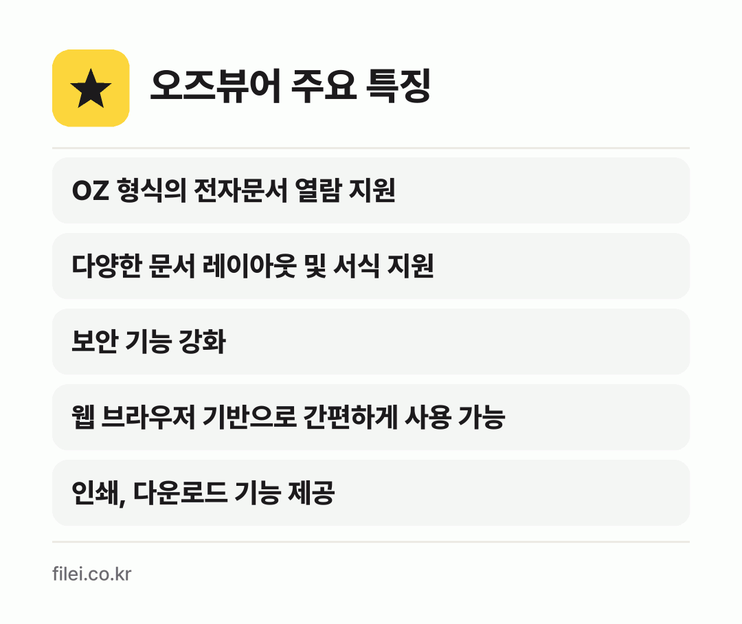 오즈뷰어 주요 특징: OZ 형식의 전자문서 열람 지원, 다양한 문서 레이아웃 및 서식 지원, 보안 기능 강화, 웹 브라우저 기반으로 간편하게 사용 가능, 인쇄, 다운로드 기능 제공