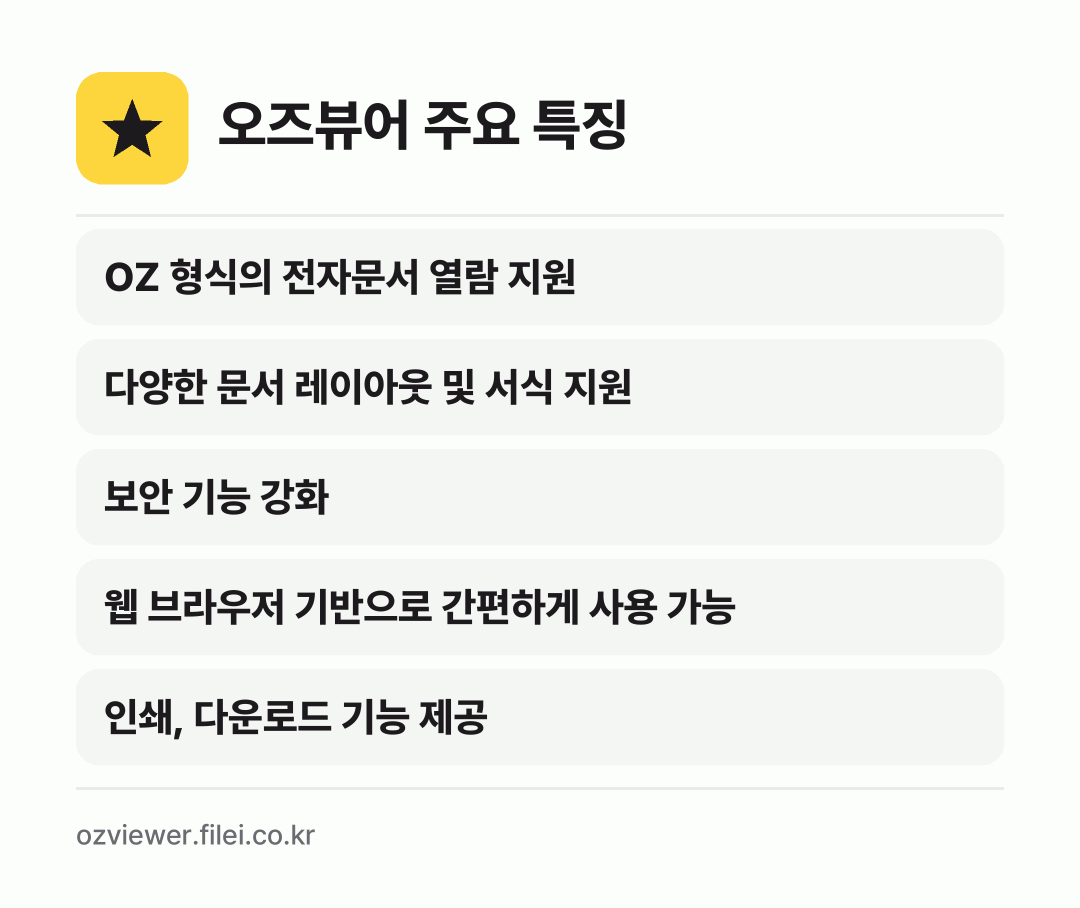 오즈뷰어 주요 특징: OZ 형식의 전자문서 열람 지원, 다양한 문서 레이아웃 및 서식 지원, 보안 기능 강화, 웹 브라우저 기반으로 간편하게 사용 가능, 인쇄, 다운로드 기능 제공