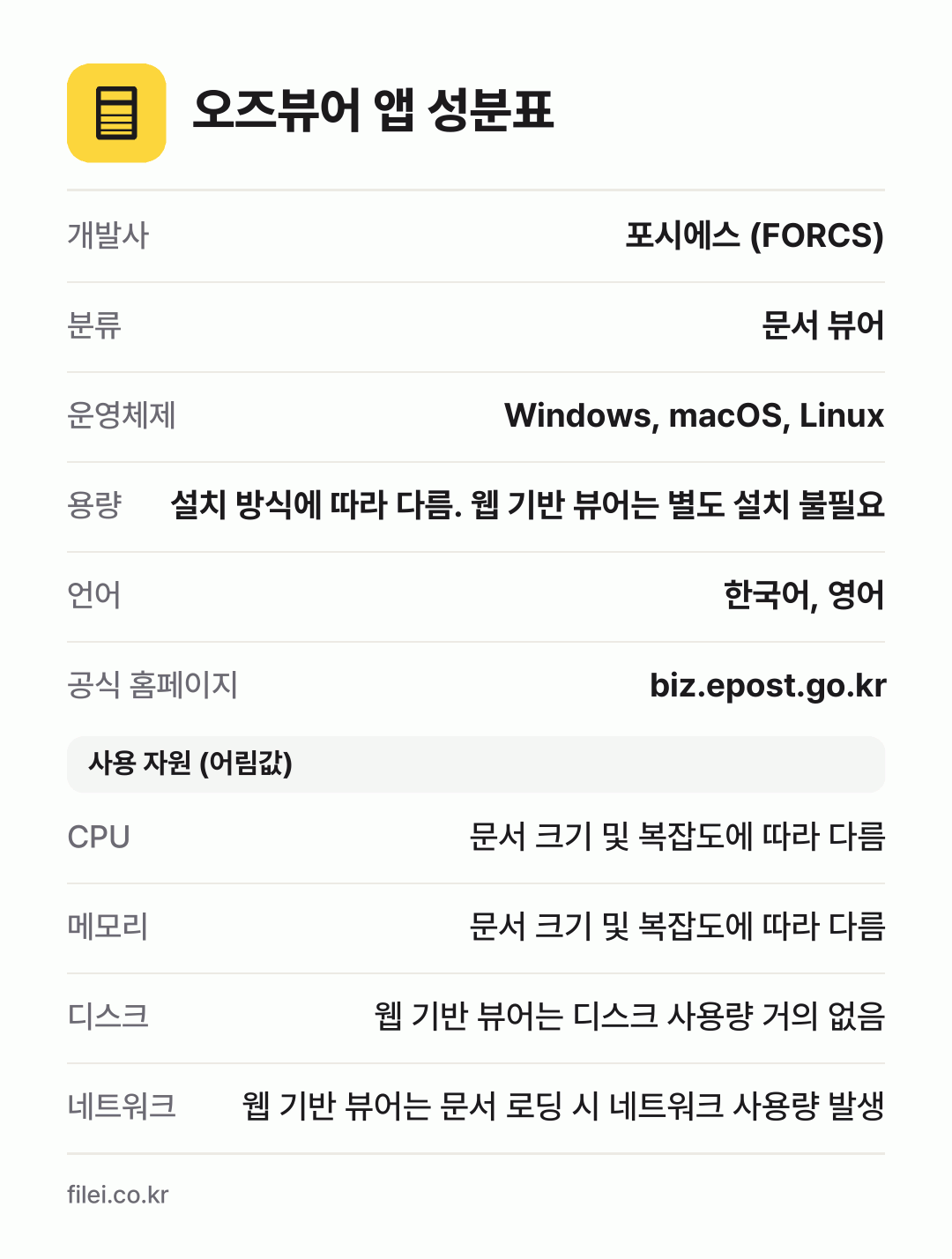 오즈뷰어 앱 성분표: 개발사 포시에스 (FORCS), 분류 문서 뷰어, 운영체제 Windows, macOS, Linux, 용량 설치 방식에 따라 다름. 웹 기반 뷰어는 별도 설치 불필요, 언어 한국어, 영어