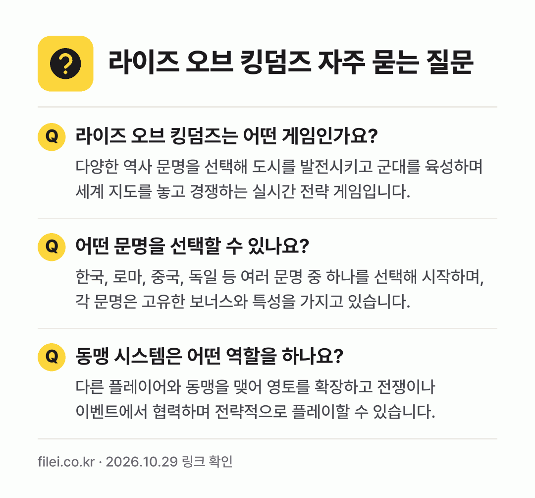 라이즈 오브 킹덤즈 자주 묻는 질문: 라이즈 오브 킹덤즈는 어떤 게임인가요? / 어떤 문명을 선택할 수 있나요? / 동맹 시스템은 어떤 역할을 하나요?