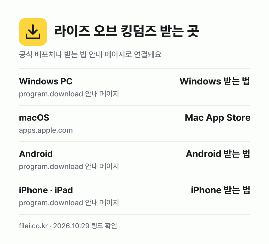 라이즈 오브 킹덤즈 받는 곳: Windows PC, macOS, Android, iPhone · iPad