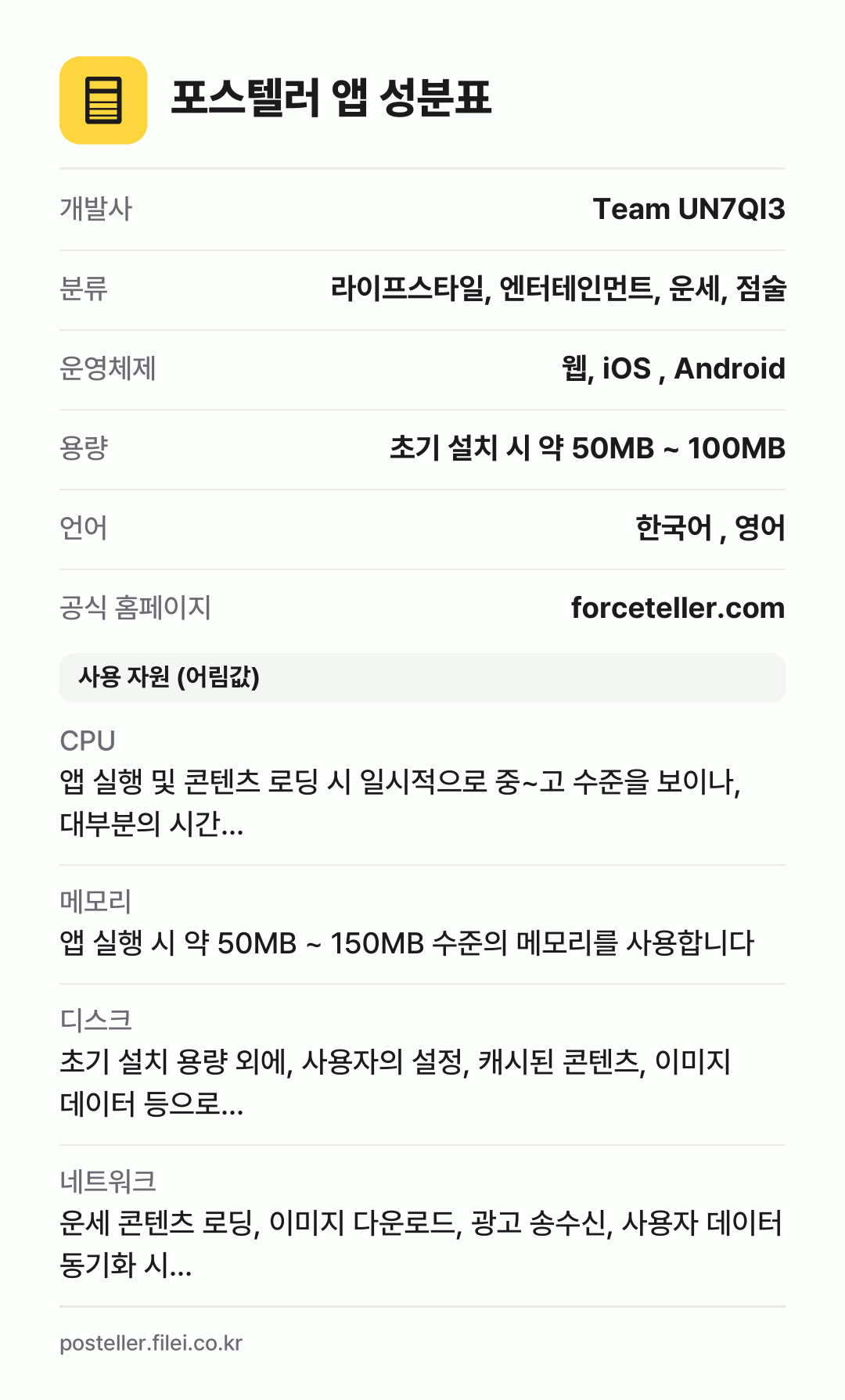 포스텔러 앱 성분표: 개발사 Team UN7QI3, 분류 라이프스타일, 엔터테인먼트, 운세, 점술, 운영체제 웹, iOS , Android, 용량 초기 설치 시 약 50MB ~ 100MB, 언어 한국어 , 영어