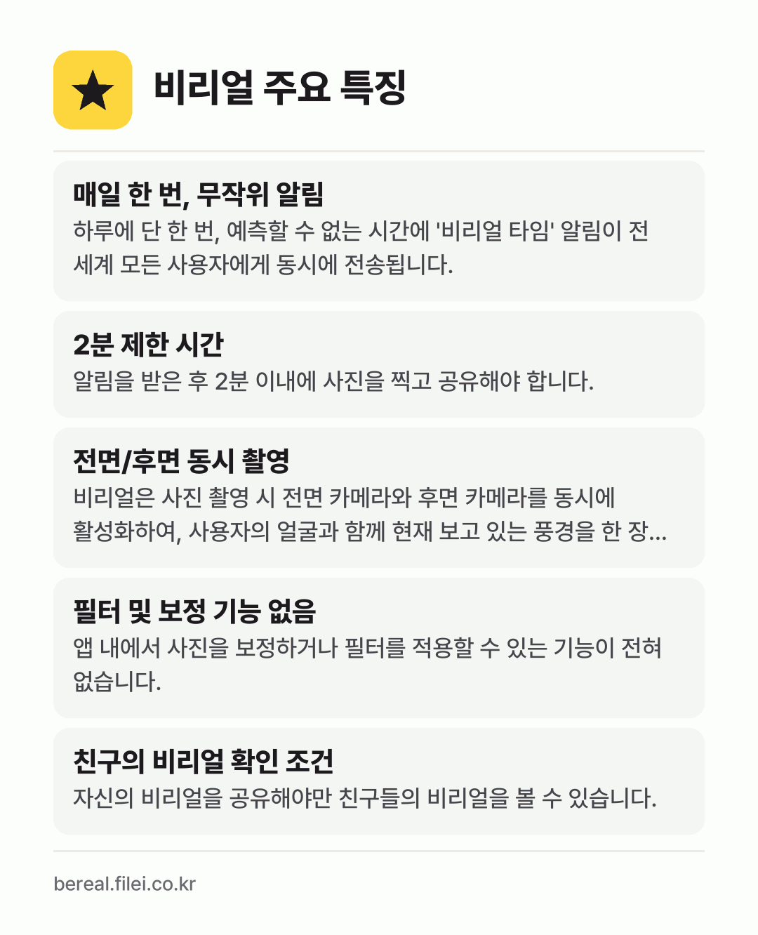 비리얼 주요 특징: 매일 한 번, 무작위 알림, 2분 제한 시간, 전면/후면 동시 촬영, 필터 및 보정 기능 없음, 친구의 비리얼 확인 조건