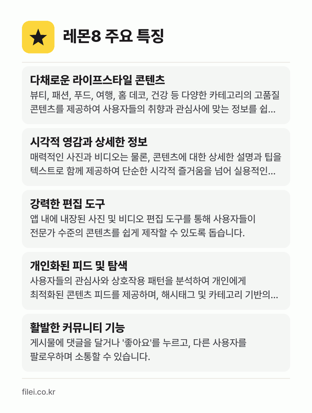 레몬8 주요 특징: 다채로운 라이프스타일 콘텐츠, 시각적 영감과 상세한 정보, 강력한 편집 도구, 개인화된 피드 및 탐색, 활발한 커뮤니티 기능