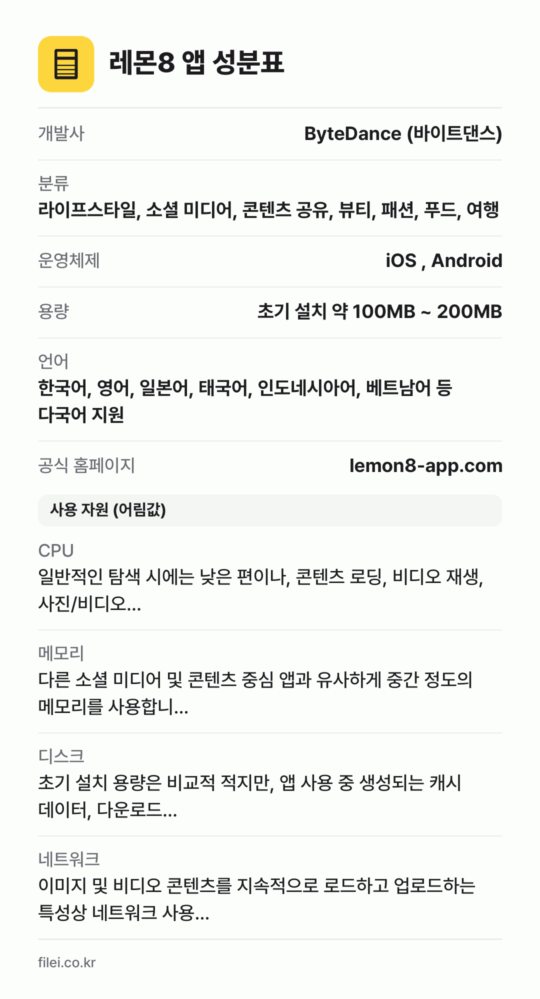 레몬8 앱 성분표: 개발사 ByteDance (바이트댄스), 분류 라이프스타일, 소셜 미디어, 콘텐츠 공유, 뷰티, 패션, 푸드, 여행, 운영체제 iOS , Android, 용량 초기 설치 약 100MB ~ 200MB, 언어 한국어, 영어, 일본어, 태국어, 인도네시아어, 베트남어 등 다국어 지원