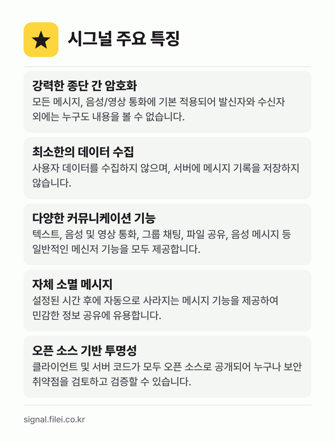 시그널 주요 특징: 강력한 종단 간 암호화, 최소한의 데이터 수집, 다양한 커뮤니케이션 기능, 자체 소멸 메시지, 오픈 소스 기반 투명성