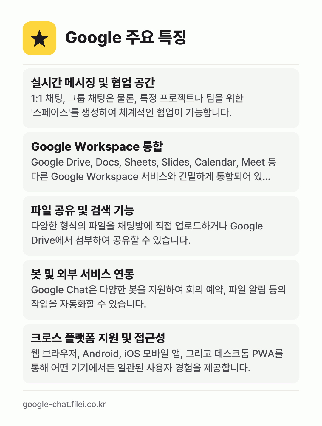 Google 주요 특징: 실시간 메시징 및 협업 공간, Google Workspace 통합, 파일 공유 및 검색 기능, 봇 및 외부 서비스 연동, 크로스 플랫폼 지원 및 접근성