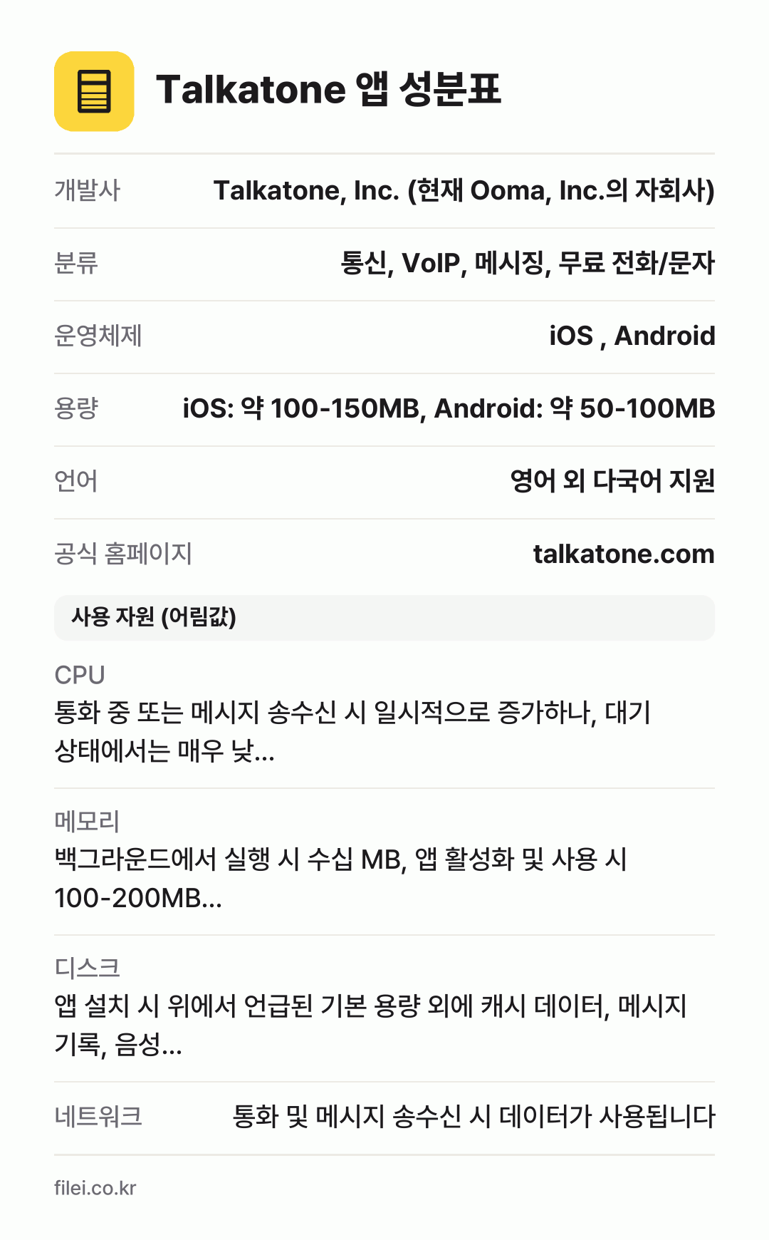 Talkatone 앱 성분표: 개발사 Talkatone, Inc. (현재 Ooma, Inc.의 자회사), 분류 통신, VoIP, 메시징, 무료 전화/문자, 운영체제 iOS , Android, 용량 iOS: 약 100-150MB, Android: 약 50-100MB, 언어 영어 외 다국어 지원