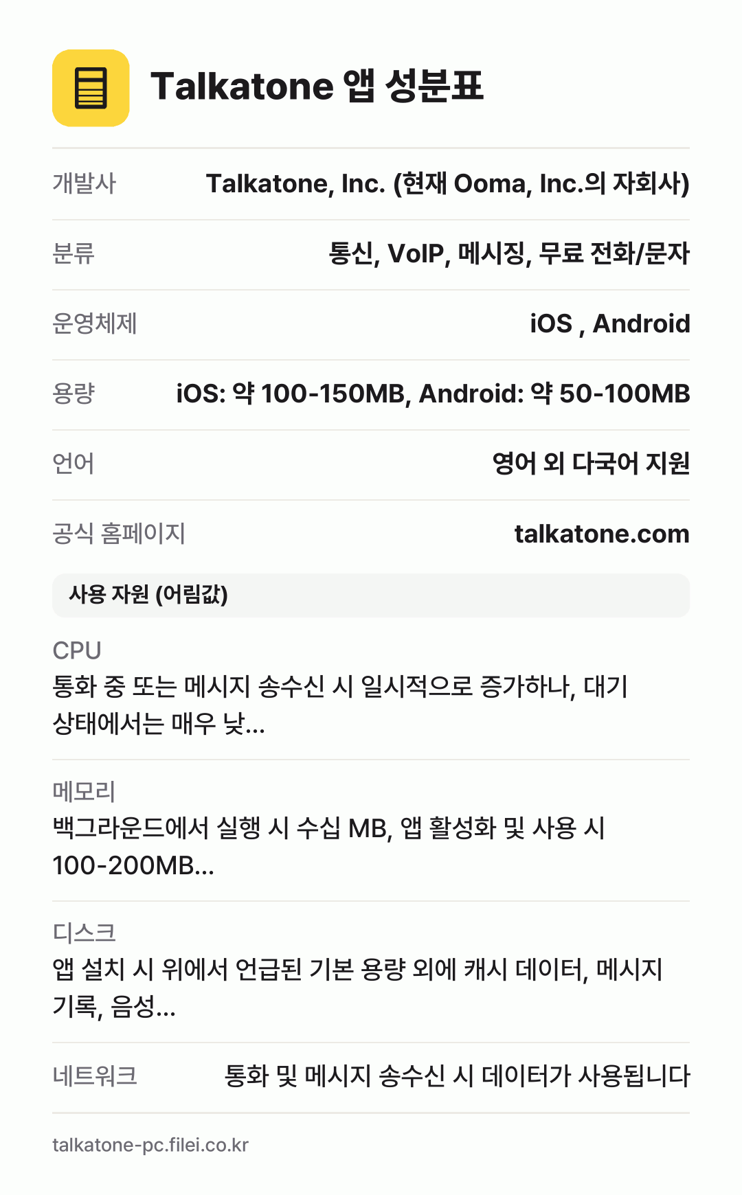 Talkatone 앱 성분표: 개발사 Talkatone, Inc. (현재 Ooma, Inc.의 자회사), 분류 통신, VoIP, 메시징, 무료 전화/문자, 운영체제 iOS , Android, 용량 iOS: 약 100-150MB, Android: 약 50-100MB, 언어 영어 외 다국어 지원