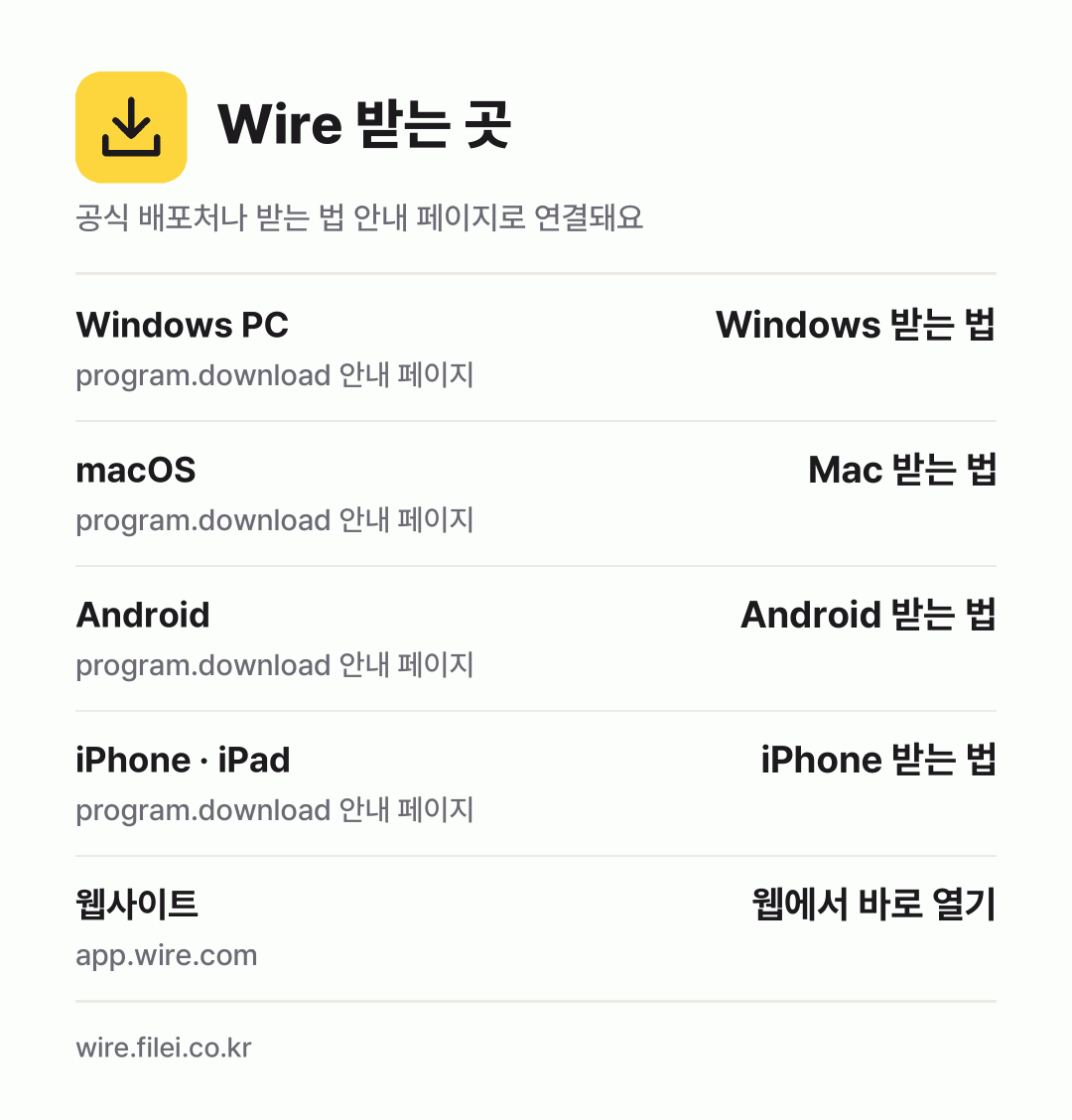 Wire 받는 곳: Windows PC, macOS, Android, iPhone · iPad, 웹사이트