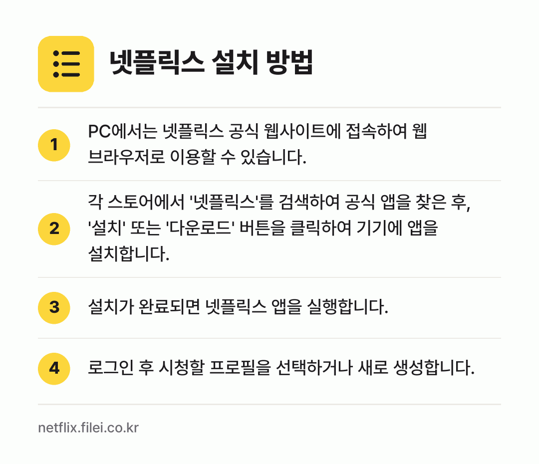 넷플릭스 설치 방법: PC에서는 넷플릭스 공식 웹사이트에 접속하… → 각 스토어에서 '넷플릭스'를 검색하여 공식… → 설치가 완료되면 넷플릭스 앱을 실행합니다. → 로그인 후 시청할 프로필을 선택하거나 새로…