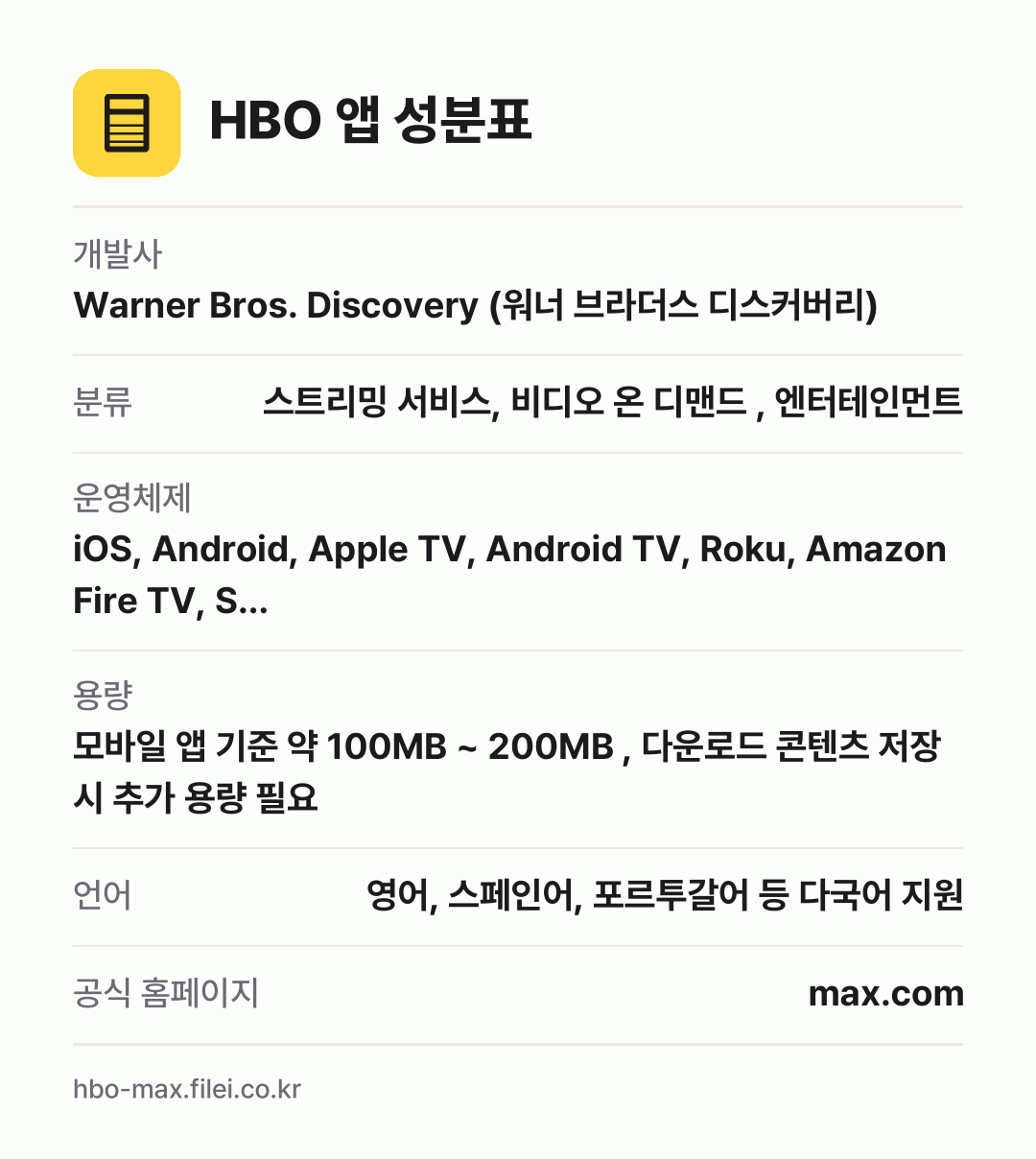 HBO 앱 성분표: 개발사 Warner Bros. Discovery (워너 브라더스 디스커버리), 분류 스트리밍 서비스, 비디오 온 디맨드 , 엔터테인먼트, 운영체제 iOS, Android, Apple TV, Android TV, Roku, Amazon Fire TV, S…, 용량 모바일 앱 기준 약 100MB ~ 200MB , 다운로드 콘텐츠 저장 시 추