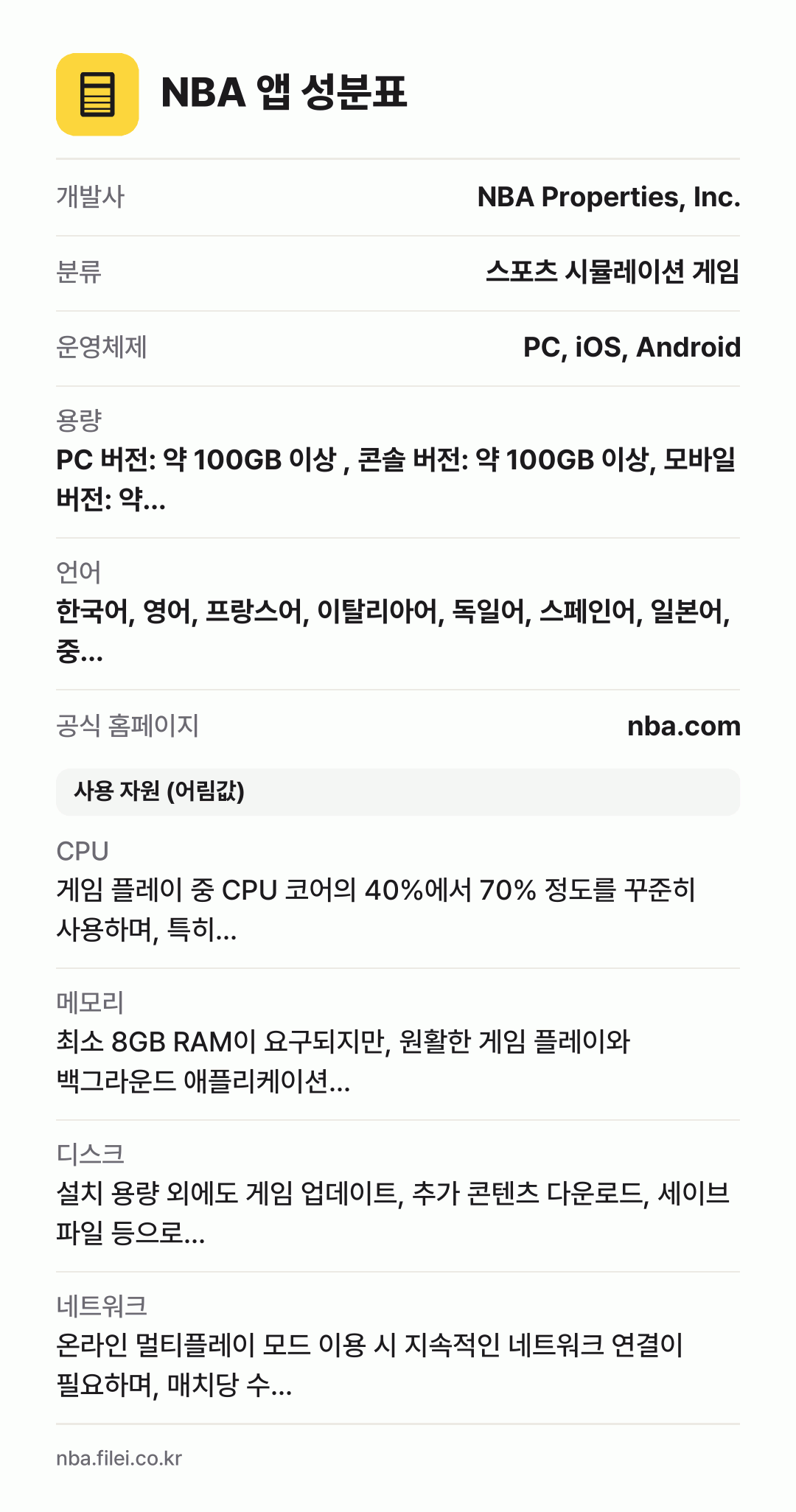 NBA 앱 성분표: 개발사 NBA Properties, Inc., 분류 스포츠 시뮬레이션 게임, 운영체제 PC, iOS, Android, 용량 PC 버전: 약 100GB 이상 , 콘솔 버전: 약 100GB 이상, 모바일 버전: 약…, 언어 한국어, 영어, 프랑스어, 이탈리아어, 독일어, 스페인어, 일본어, 중…