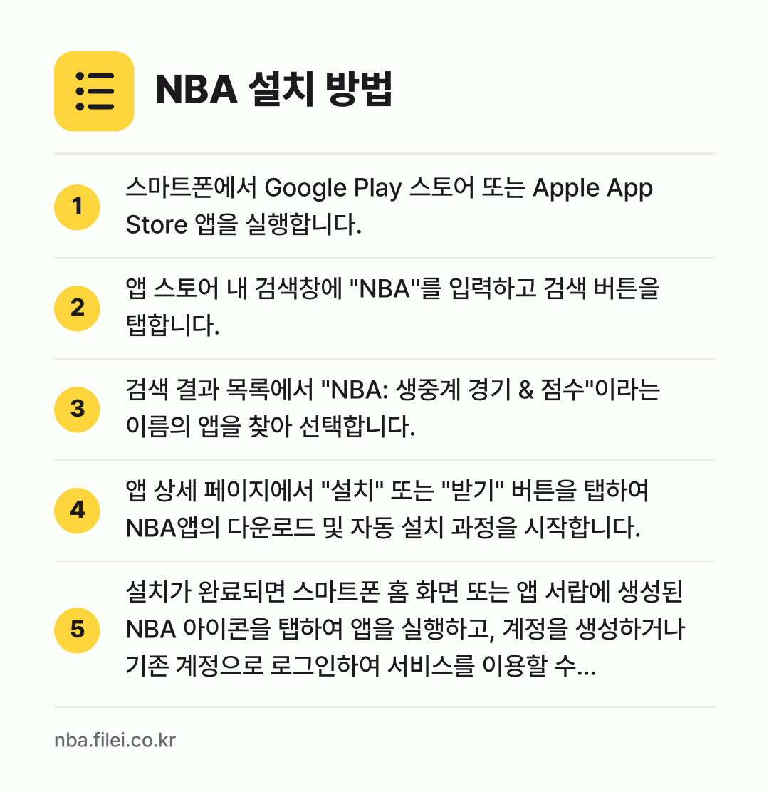 NBA 설치 방법: 스마트폰에서 Google Play 스토어… → 앱 스토어 내 검색창에 "NBA"를 입력하… → 검색 결과 목록에서 "NBA: 생중계 경기… → 앱 상세 페이지에서 "설치" 또는 "받기"… → 설치가 완료되면 스마트폰 홈 화면 또는 앱…