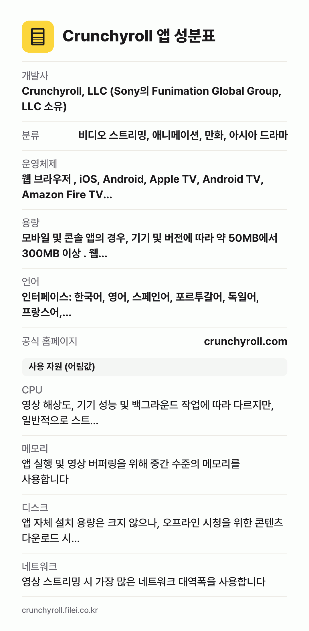 Crunchyroll 앱 성분표: 개발사 Crunchyroll, LLC (Sony의 Funimation Global Group, LLC 소유), 분류 비디오 스트리밍, 애니메이션, 만화, 아시아 드라마, 운영체제 웹 브라우저 , iOS, Android, Apple TV, Android TV, Amazon Fire TV…, 용량 모바일 및 콘솔 앱의 경우,