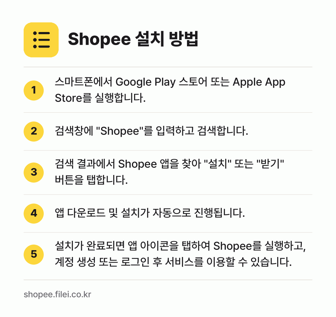 Shopee 설치 방법: 스마트폰에서 Google Play 스토어… → 검색창에 "Shopee"를 입력하고 검색합… → 검색 결과에서 Shopee 앱을 찾아 "설… → 앱 다운로드 및 설치가 자동으로 진행됩니다. → 설치가 완료되면 앱 아이콘을 탭하여 Sho…