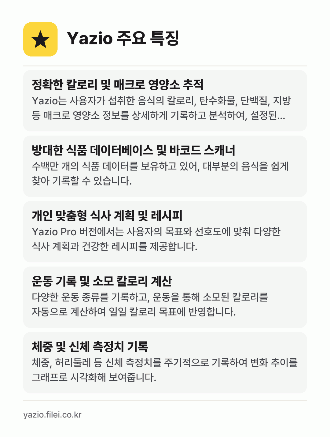 Yazio 주요 특징: 정확한 칼로리 및 매크로 영양소 추적, 방대한 식품 데이터베이스 및 바코드 스캐너, 개인 맞춤형 식사 계획 및 레시피, 운동 기록 및 소모 칼로리 계산, 체중 및 신체 측정치 기록