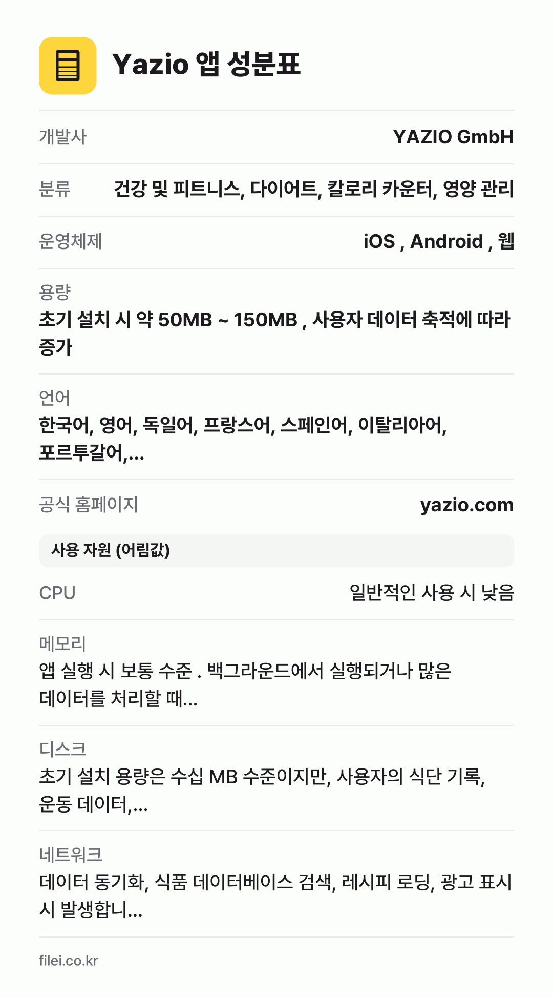 Yazio 앱 성분표: 개발사 YAZIO GmbH, 분류 건강 및 피트니스, 다이어트, 칼로리 카운터, 영양 관리, 운영체제 iOS , Android , 웹, 용량 초기 설치 시 약 50MB ~ 150MB , 사용자 데이터 축적에 따라 증가, 언어 한국어, 영어, 독일어, 프랑스어, 스페인어, 이탈리아어, 포르투갈어,…