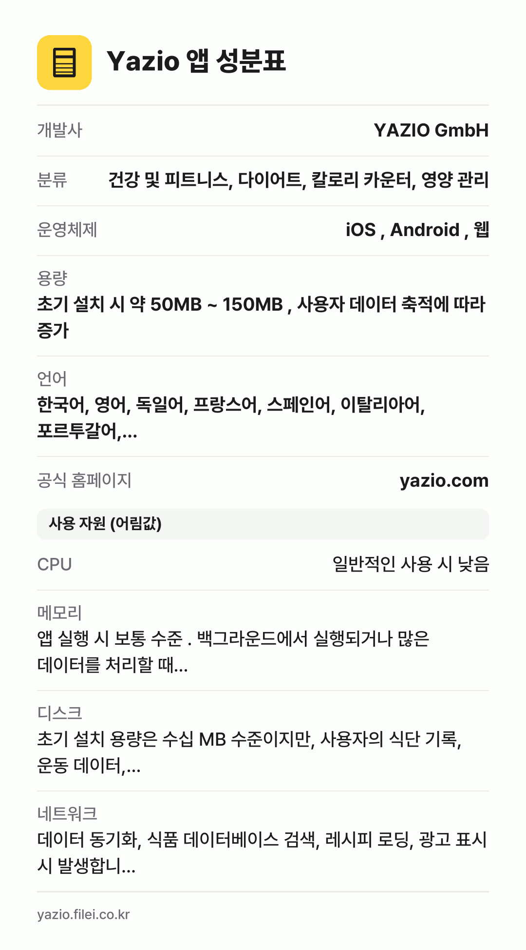 Yazio 앱 성분표: 개발사 YAZIO GmbH, 분류 건강 및 피트니스, 다이어트, 칼로리 카운터, 영양 관리, 운영체제 iOS , Android , 웹, 용량 초기 설치 시 약 50MB ~ 150MB , 사용자 데이터 축적에 따라 증가, 언어 한국어, 영어, 독일어, 프랑스어, 스페인어, 이탈리아어, 포르투갈어,…