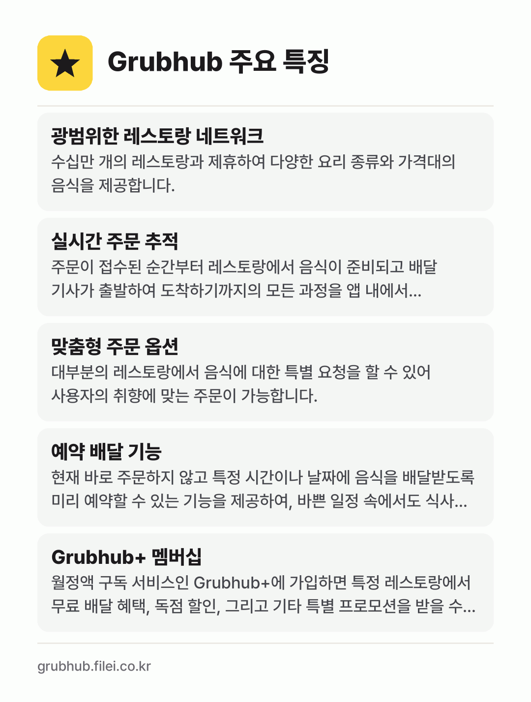Grubhub 주요 특징: 광범위한 레스토랑 네트워크, 실시간 주문 추적, 맞춤형 주문 옵션, 예약 배달 기능, Grubhub+ 멤버십