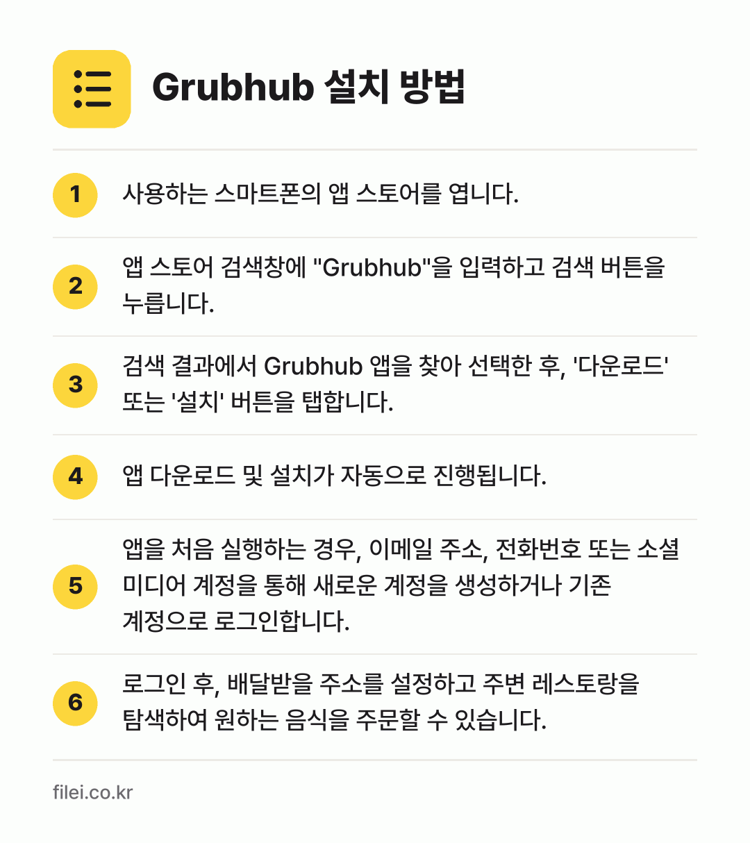 Grubhub 설치 방법: 사용하는 스마트폰의 앱 스토어를 엽니다. → 앱 스토어 검색창에 "Grubhub"을 입… → 검색 결과에서 Grubhub 앱을 찾아 선… → 앱 다운로드 및 설치가 자동으로 진행됩니다. → 앱을 처음 실행하는 경우, 이메일 주소,… → 로그인 후, 배달받을 주소를 설정하고 주변…
