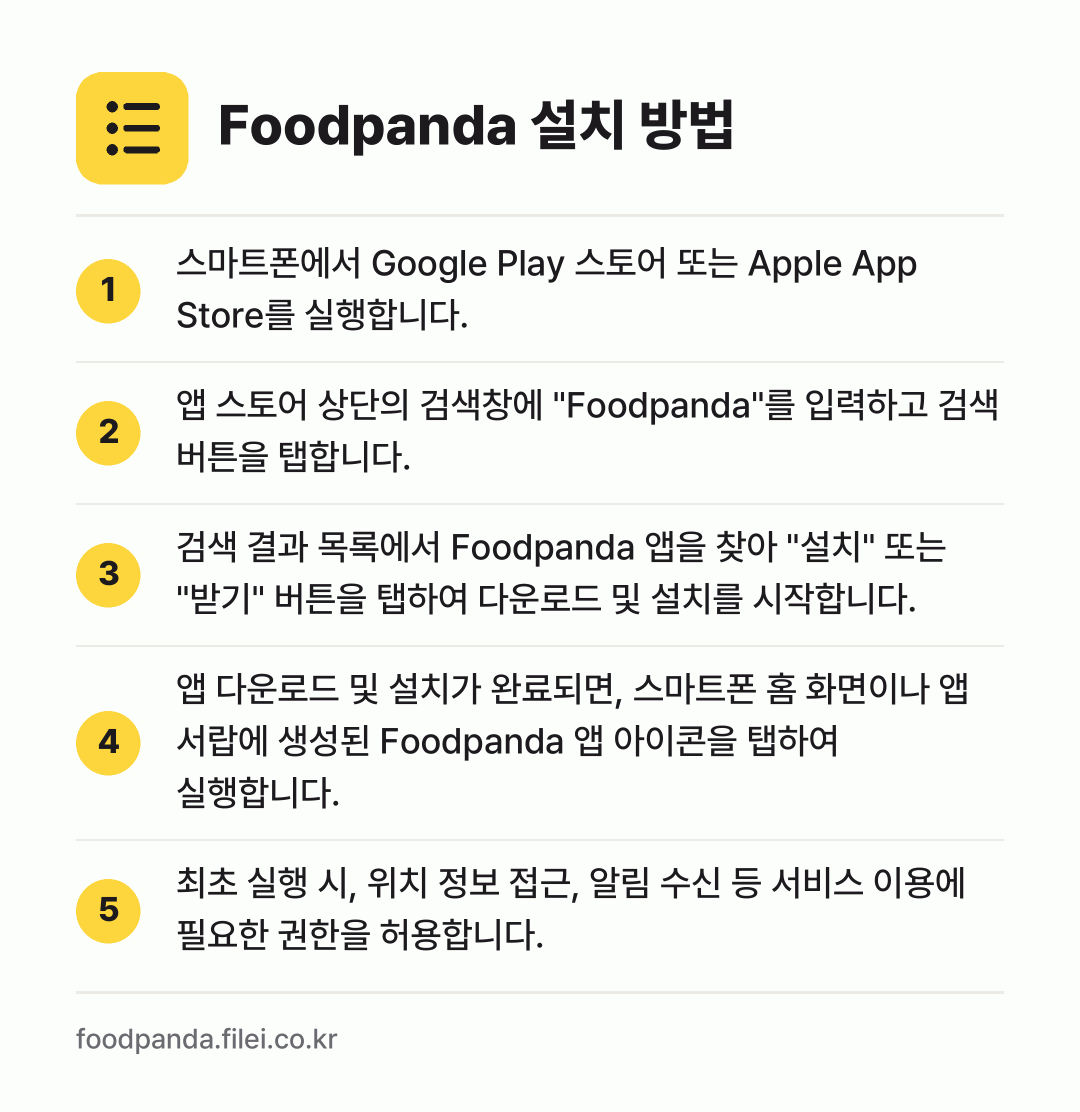 Foodpanda 설치 방법: 스마트폰에서 Google Play 스토어… → 앱 스토어 상단의 검색창에 "Foodpan… → 검색 결과 목록에서 Foodpanda 앱을… → 앱 다운로드 및 설치가 완료되면, 스마트폰… → 최초 실행 시, 위치 정보 접근, 알림 수…