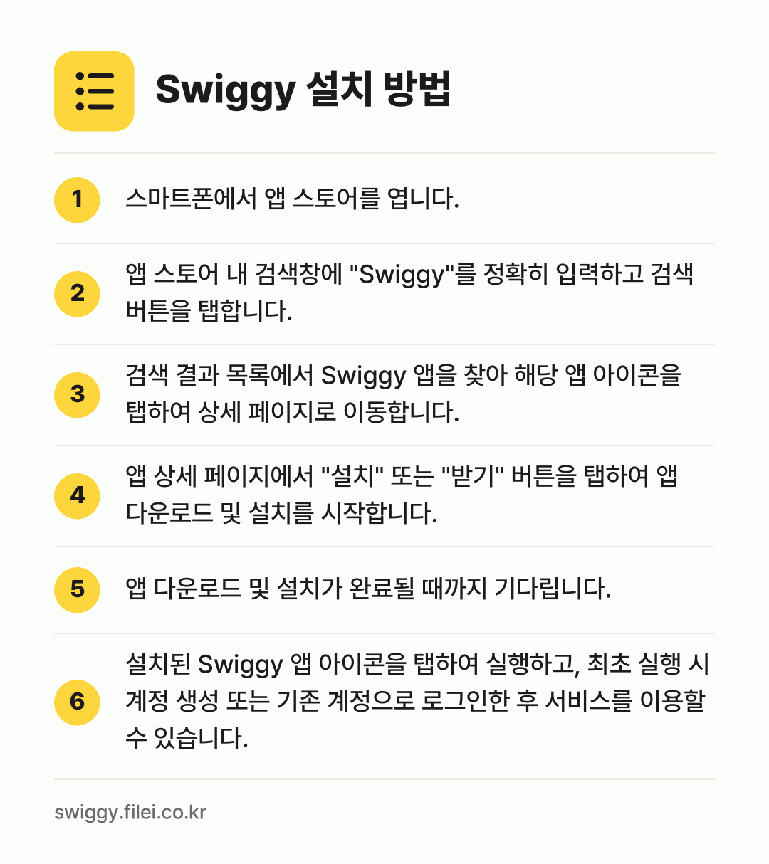 Swiggy 설치 방법: 스마트폰에서 앱 스토어를 엽니다. → 앱 스토어 내 검색창에 "Swiggy"를… → 검색 결과 목록에서 Swiggy 앱을 찾아… → 앱 상세 페이지에서 "설치" 또는 "받기"… → 앱 다운로드 및 설치가 완료될 때까지 기다… → 설치된 Swiggy 앱 아이콘을 탭하여 실…