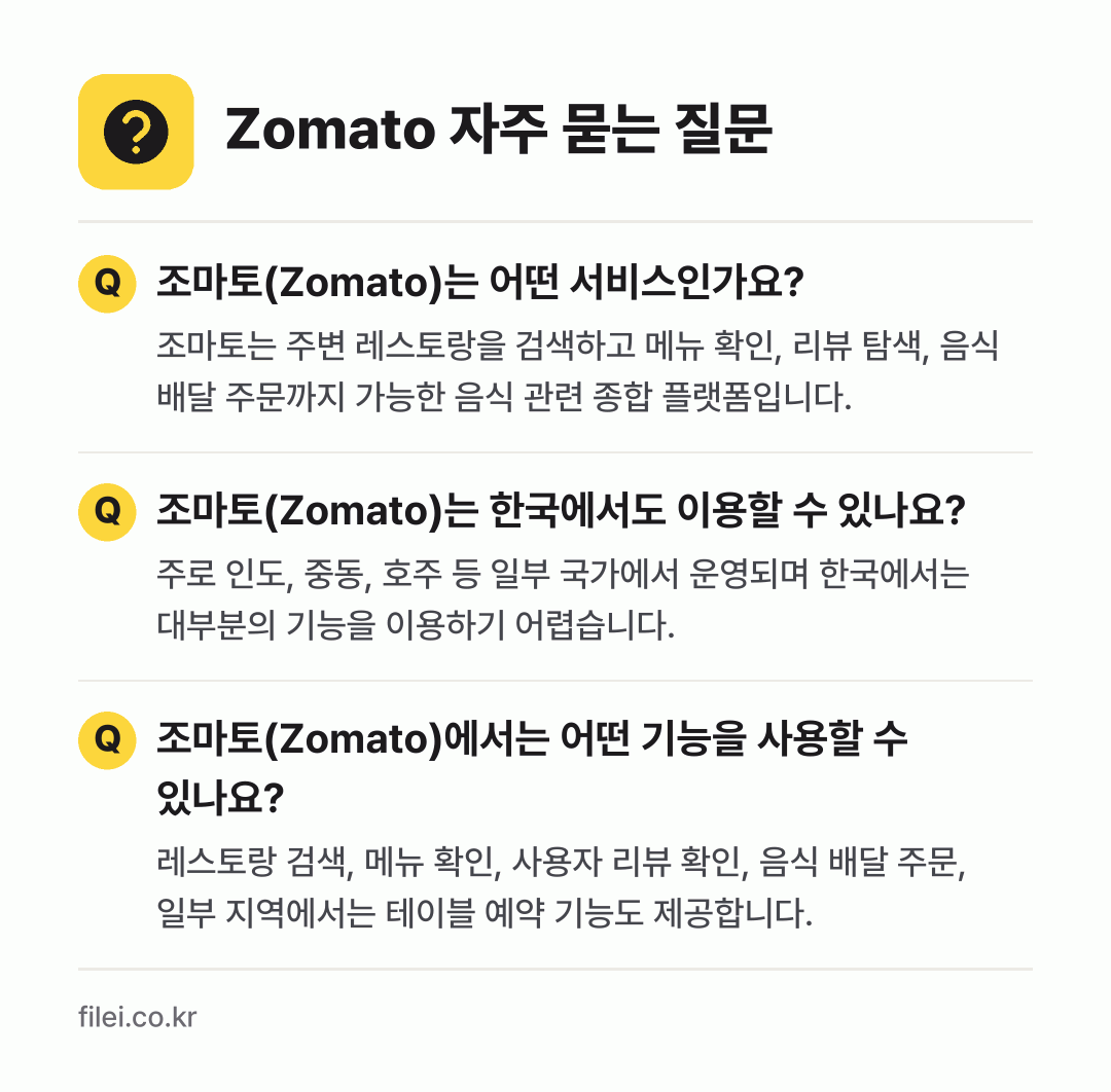 Zomato 자주 묻는 질문: 조마토(Zomato)는 어떤 서비스인가요? / 조마토(Zomato)는 한국에서도 이용할 수 있나요? / 조마토(Zomato)에서는 어떤 기능을 사용할 수 있나요?