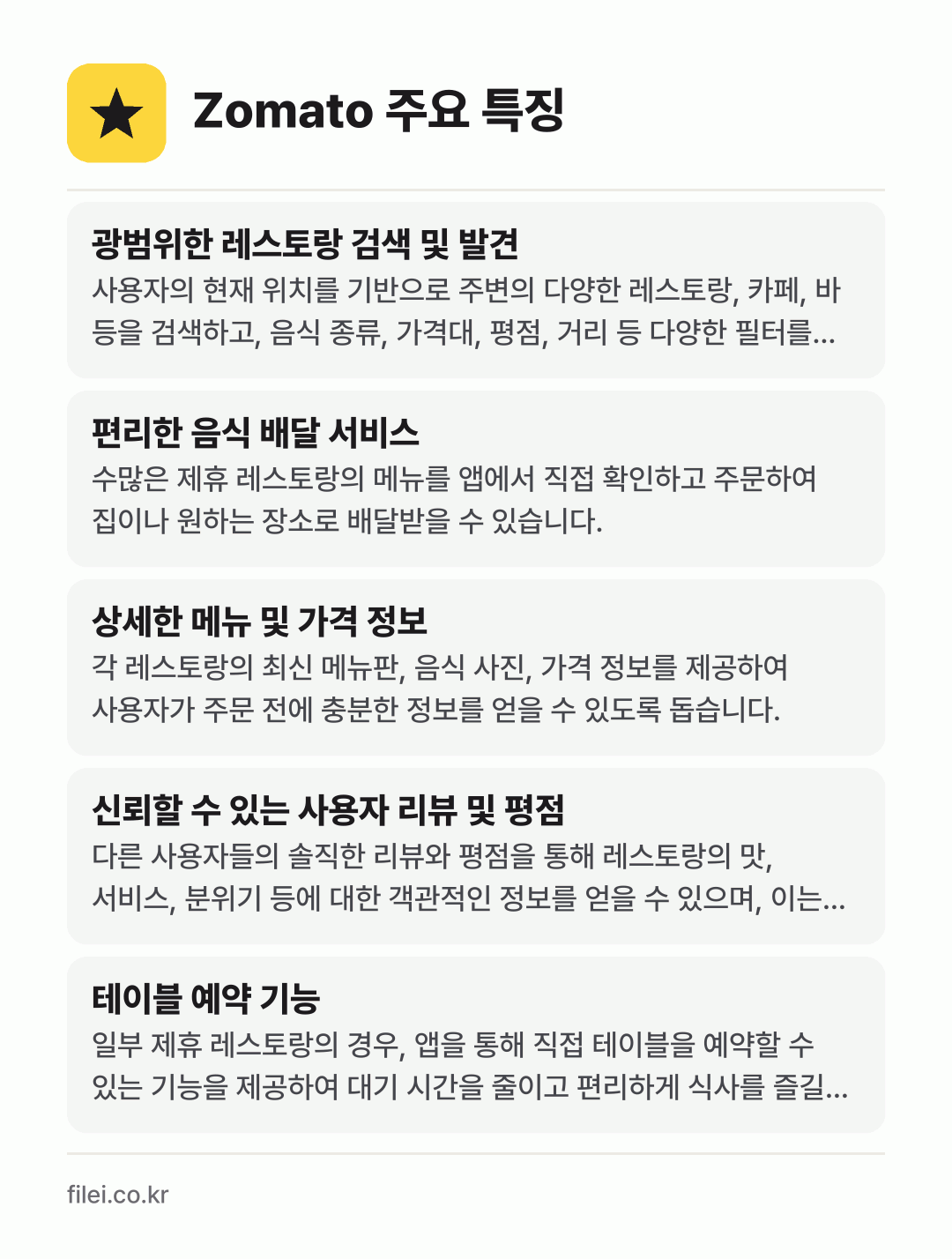 Zomato 주요 특징: 광범위한 레스토랑 검색 및 발견, 편리한 음식 배달 서비스, 상세한 메뉴 및 가격 정보, 신뢰할 수 있는 사용자 리뷰 및 평점, 테이블 예약 기능