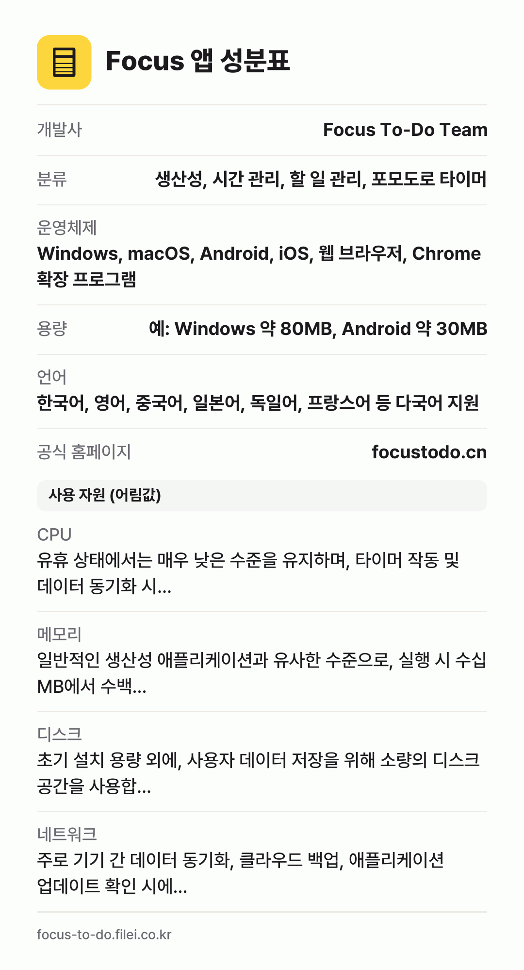 Focus 앱 성분표: 개발사 Focus To-Do Team, 분류 생산성, 시간 관리, 할 일 관리, 포모도로 타이머, 운영체제 Windows, macOS, Android, iOS, 웹 브라우저, Chrome 확장 프로그램, 용량 예: Windows 약 80MB, Android 약 30MB, 언어 한국어, 영어, 중국어, 일본어, 독일어, 프랑스어 등 다