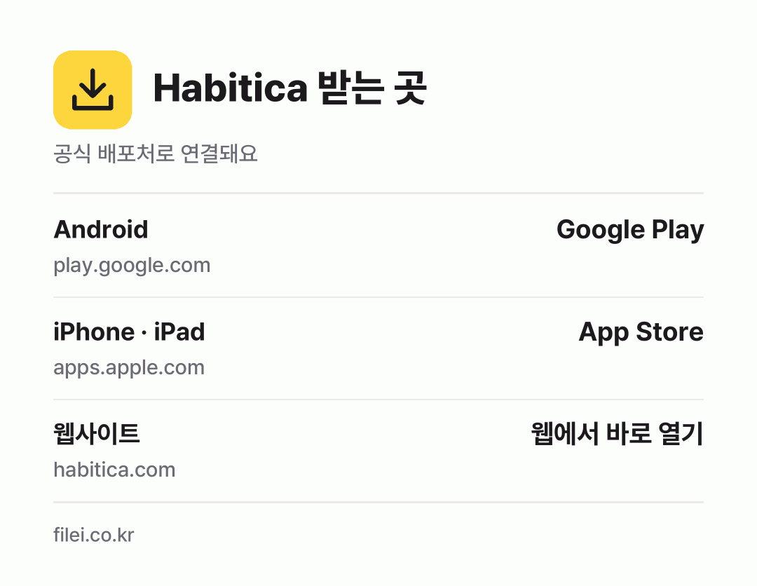 Habitica 받는 곳: Android, iPhone · iPad, 웹사이트