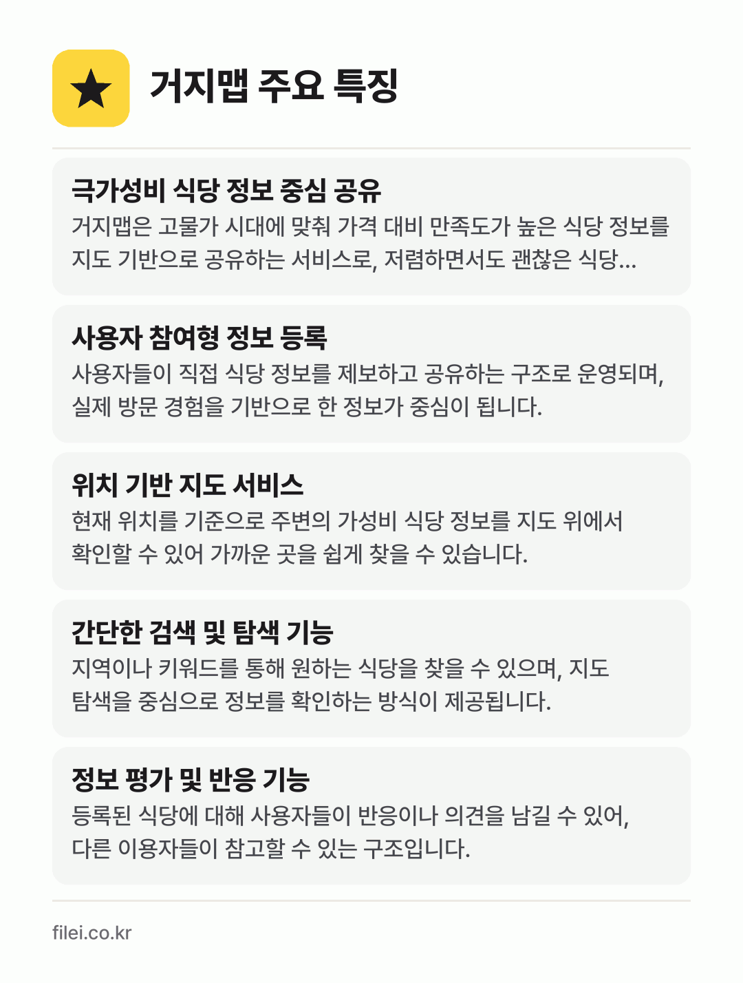 거지맵 주요 특징: 극가성비 식당 정보 중심 공유, 사용자 참여형 정보 등록, 위치 기반 지도 서비스, 간단한 검색 및 탐색 기능, 정보 평가 및 반응 기능