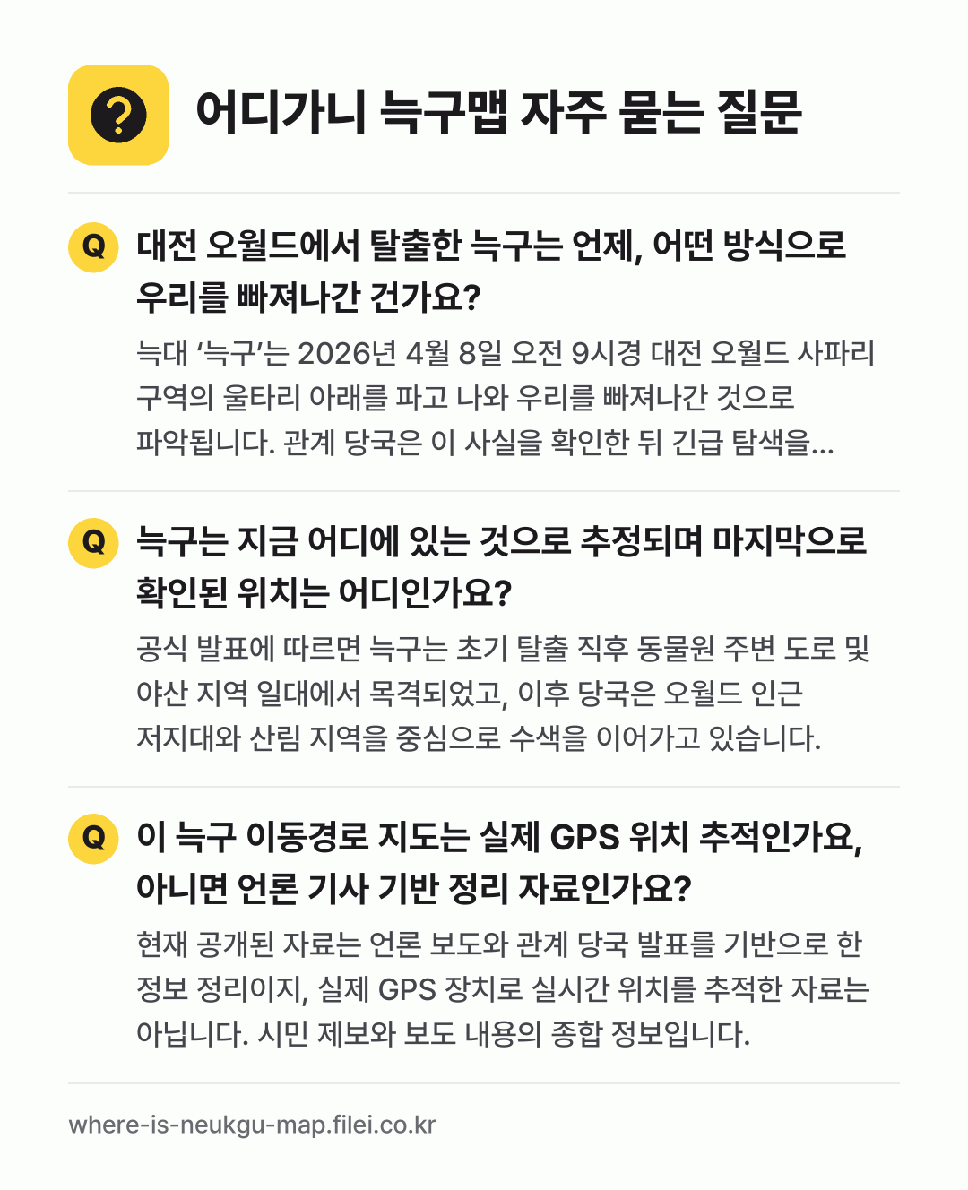 어디가니 늑구맵 자주 묻는 질문: 대전 오월드에서 탈출한 늑구는 언제, 어떤 방식으로 우리를 빠져나간 건가요? / 늑구는 지금 어디에 있는 것으로 추정되며 마지막으로 확인된 위치는 어디인가요? / 이 늑구 이동경로 지도는 실제 GPS 위치 추적인가요, 아니면 언론 기사 기반 정리 자료인가요?