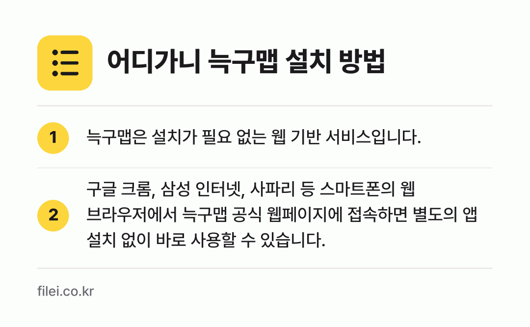 어디가니 늑구맵 설치 방법: 늑구맵은 설치가 필요 없는 웹 기반 서비스… → 구글 크롬, 삼성 인터넷, 사파리 등 스마…