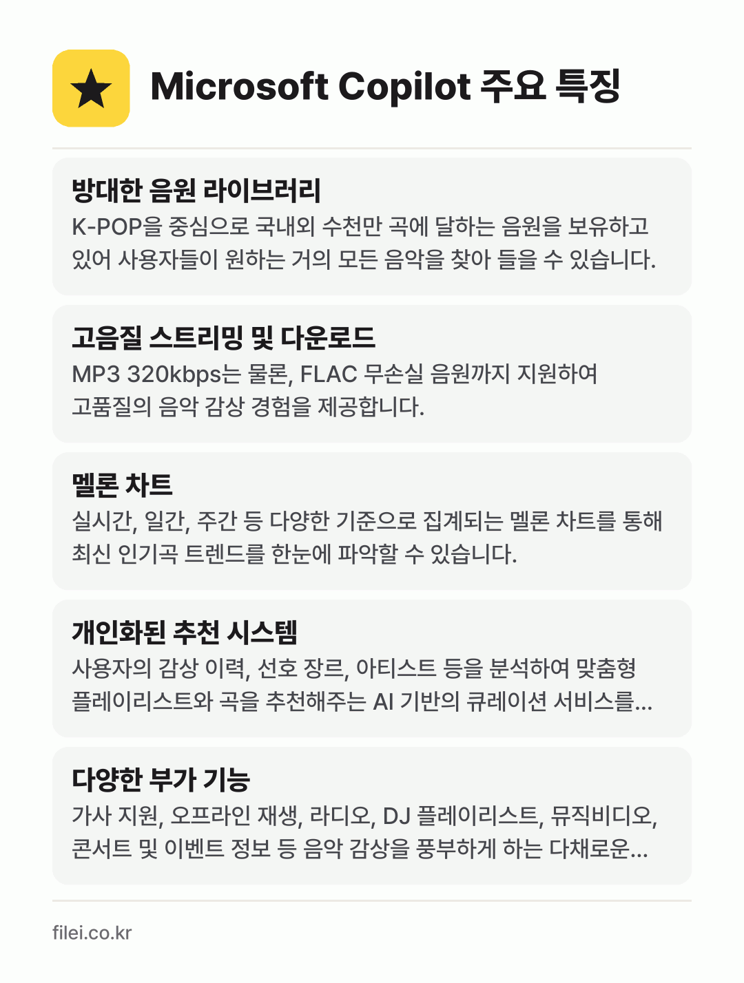 Microsoft Copilot 주요 특징: 방대한 음원 라이브러리, 고음질 스트리밍 및 다운로드, 멜론 차트, 개인화된 추천 시스템, 다양한 부가 기능