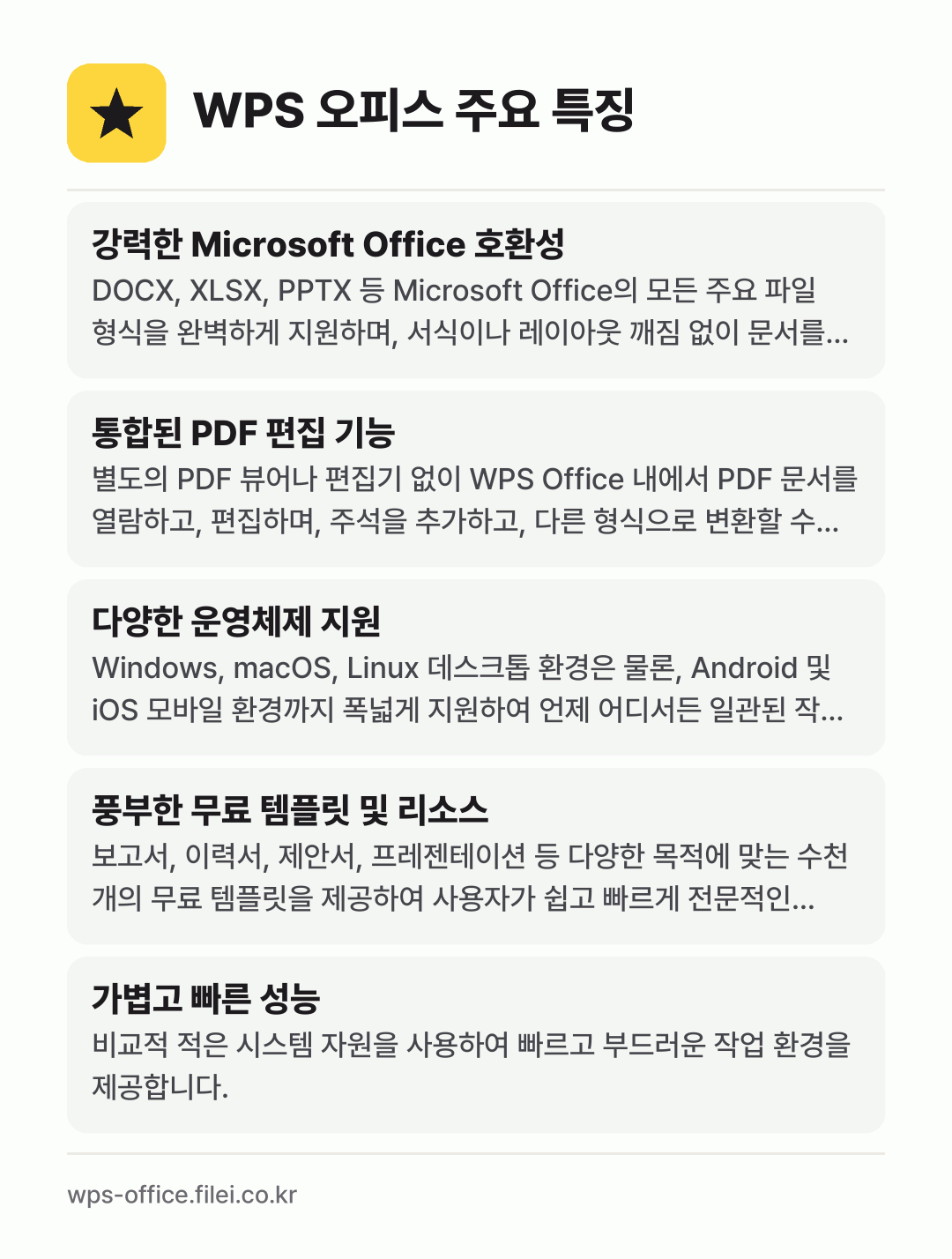 WPS 오피스 주요 특징: 강력한 Microsoft Office 호환성, 통합된 PDF 편집 기능, 다양한 운영체제 지원, 풍부한 무료 템플릿 및 리소스, 가볍고 빠른 성능
