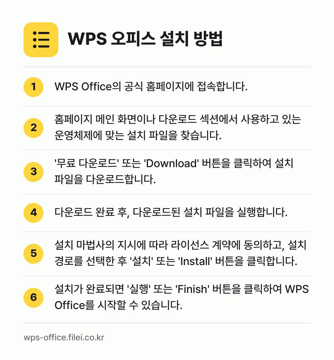 WPS 오피스 설치 방법: WPS Office의 공식 홈페이지에 접속… → 홈페이지 메인 화면이나 다운로드 섹션에서… → '무료 다운로드' 또는 'Download'… → 다운로드 완료 후, 다운로드된 설치 파일을… → 설치 마법사의 지시에 따라 라이선스 계약에… → 설치가 완료되면 '실행' 또는 'Finis…
