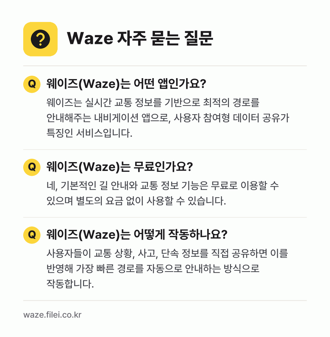 Waze 자주 묻는 질문: 웨이즈(Waze)는 어떤 앱인가요? / 웨이즈(Waze)는 무료인가요? / 웨이즈(Waze)는 어떻게 작동하나요?