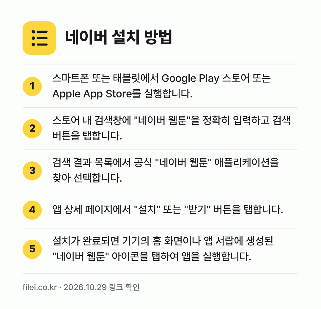 네이버 설치 방법: 스마트폰 또는 태블릿에서 Google Pl… → 스토어 내 검색창에 "네이버 웹툰"을 정확… → 검색 결과 목록에서 공식 "네이버 웹툰"… → 앱 상세 페이지에서 "설치" 또는 "받기"… → 설치가 완료되면 기기의 홈 화면이나 앱 서…