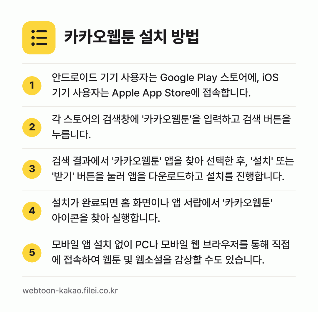 카카오웹툰 설치 방법: 안드로이드 기기 사용자는 Google Pl… → 각 스토어의 검색창에 '카카오웹툰'을 입력… → 검색 결과에서 '카카오웹툰' 앱을 찾아 선… → 설치가 완료되면 홈 화면이나 앱 서랍에서… → 모바일 앱 설치 없이 PC나 모바일 웹 브…